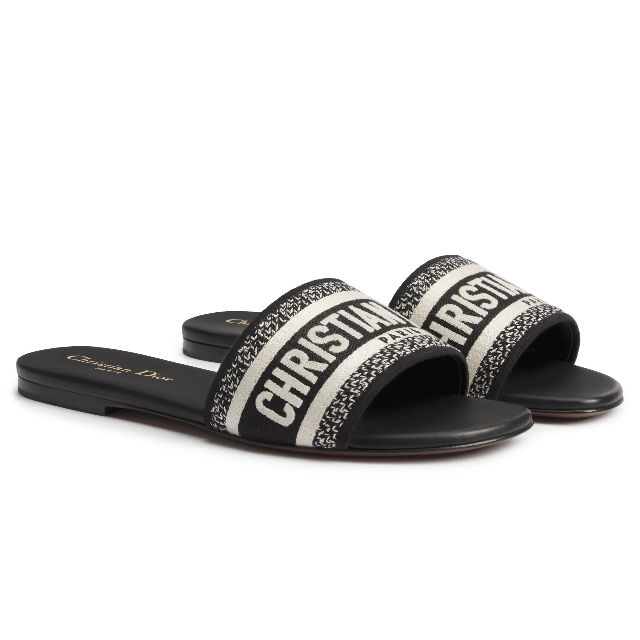 Front Side View of Dior Dway Embroidered Cotton Black White Slides KCQ166ERC_S11X